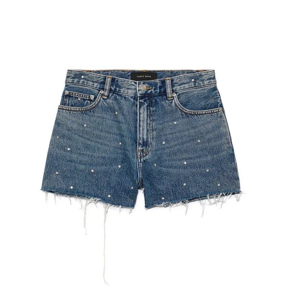 Purple Brand Rhinestone Studded Denim Shorts Raw Hem Mid Wash Luxury Festival 26
